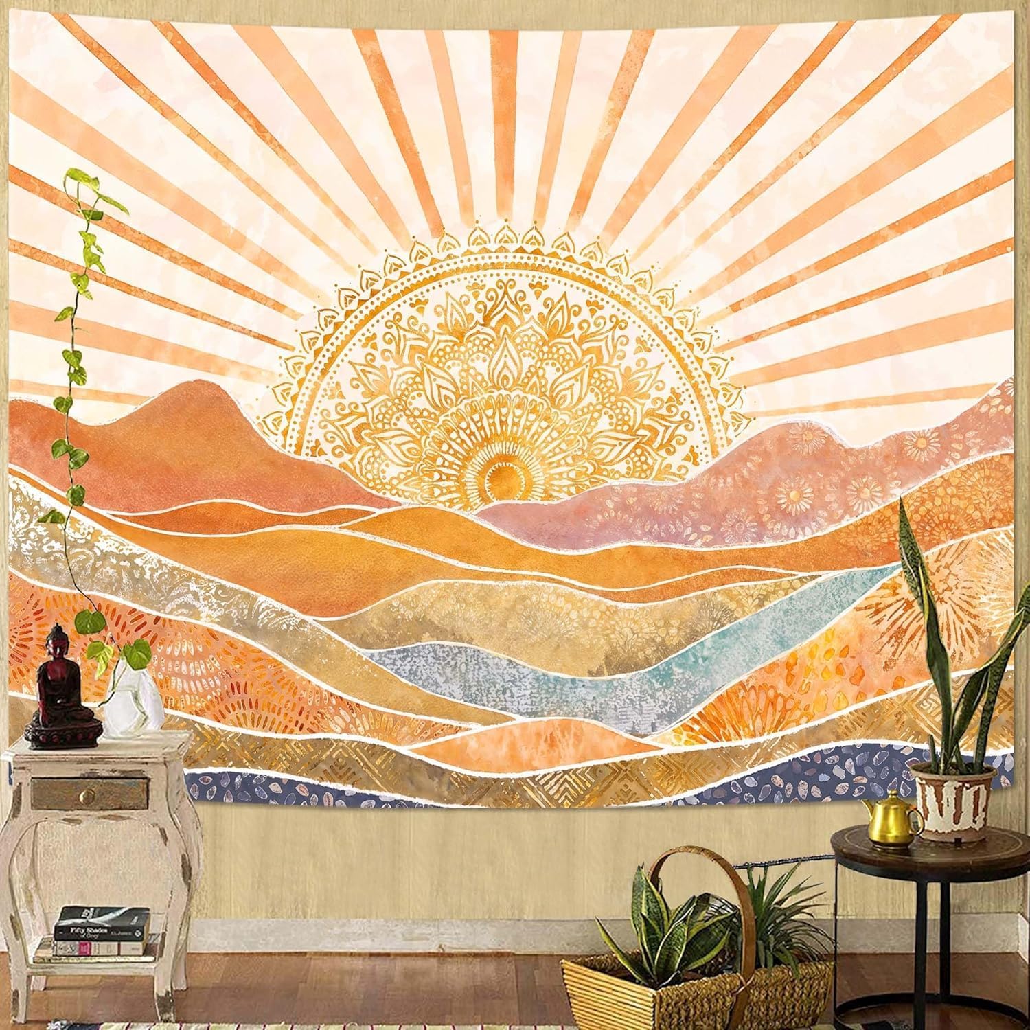 Wall Scroll Tapestry - لوحة جدارية بوهيمية بتصميم شمس وجبال،